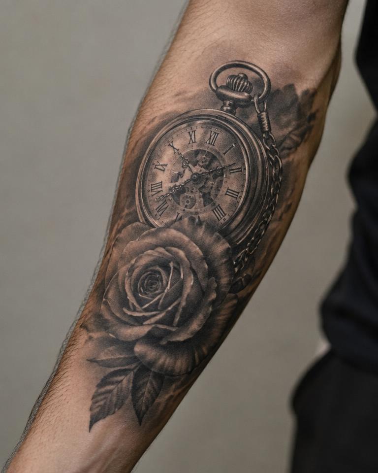 Pocket Watch & Rose tattoo design