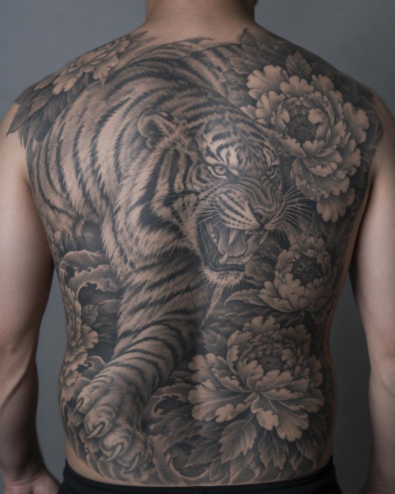 Tiger & Peonies Back Piece tattoo design